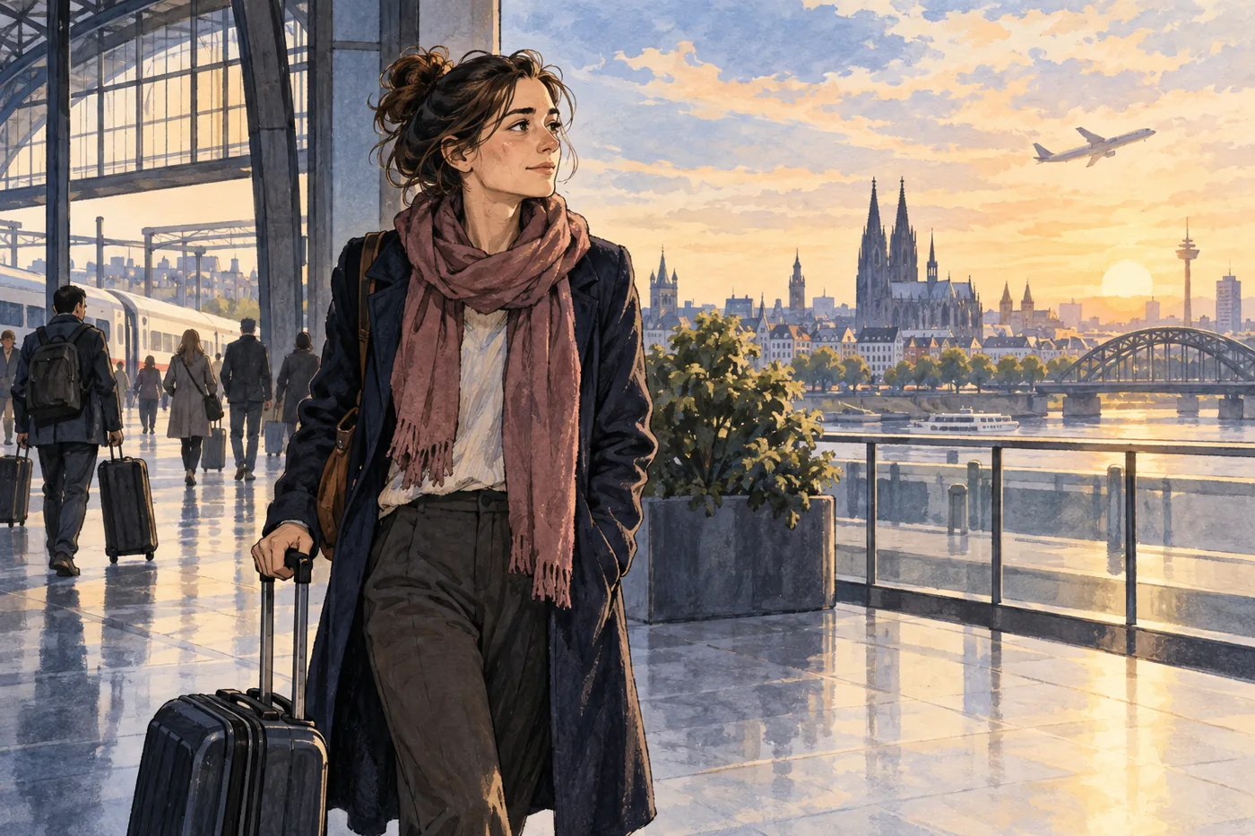 Reisende mit Koffer blickt nach einem Flug bei Morgenlicht auf eine Stadt