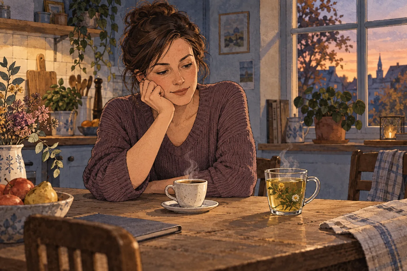Frau sitzt am späten Nachmittag mit Kaffee und Kräutertee am Küchentisch