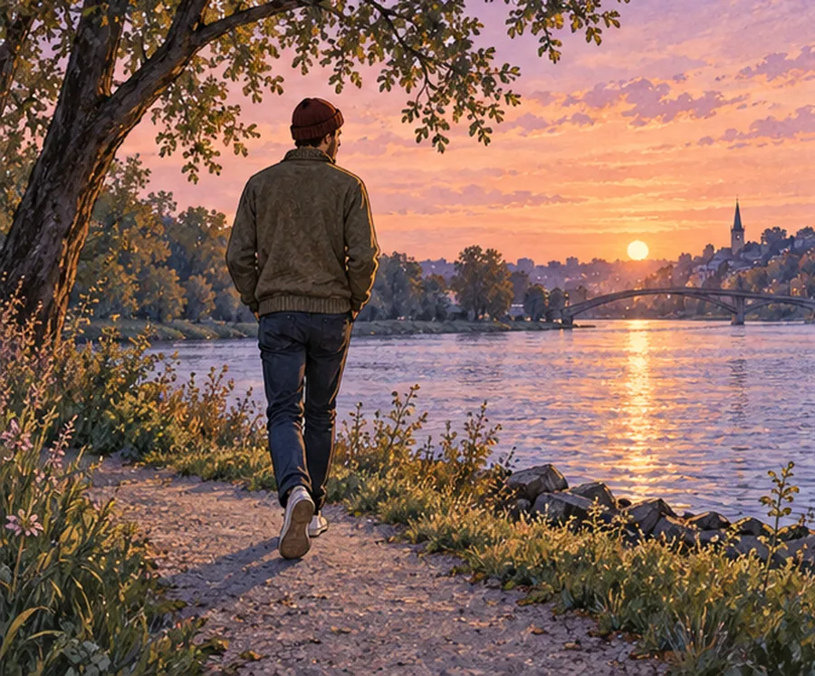 Person geht am Abend an einem Fluss spazieren