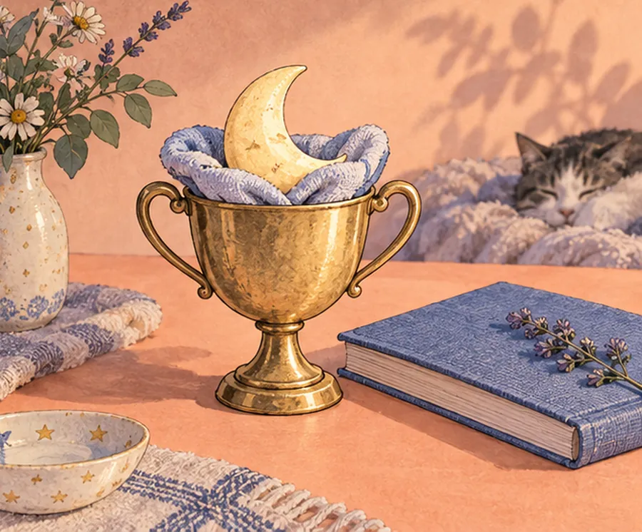 Illustration einer kleinen Mondtrophäe neben einem Buch