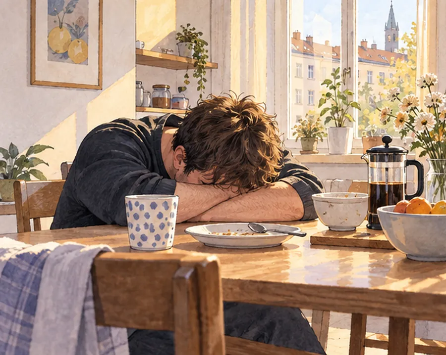Müder Mann sitzt morgens am Frühstückstisch